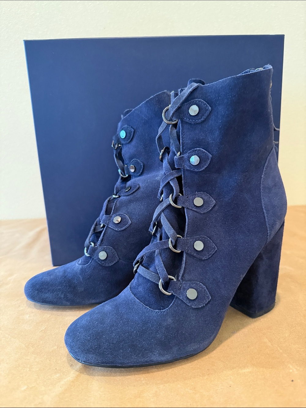 Navy Suede Lace-Up Block Heel Ankle Boots